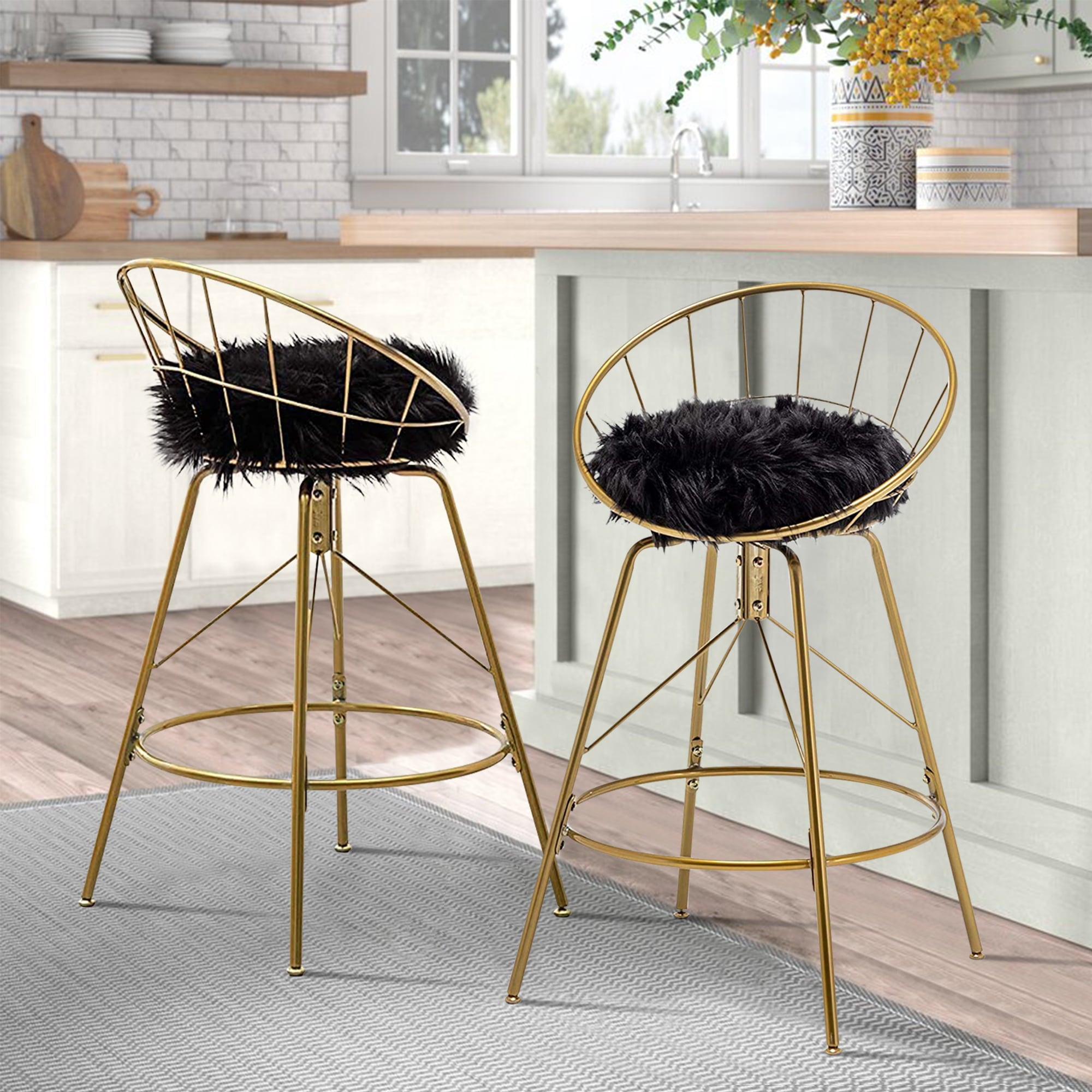 Andeworld 24 inch Swivel Gold Bar Stools Set of 2 Counter Height with Removable Black Faux Fur，Gold Bar Stools with Backs，Non-Slip Rubber Caps and Legs 360゜ Swivel