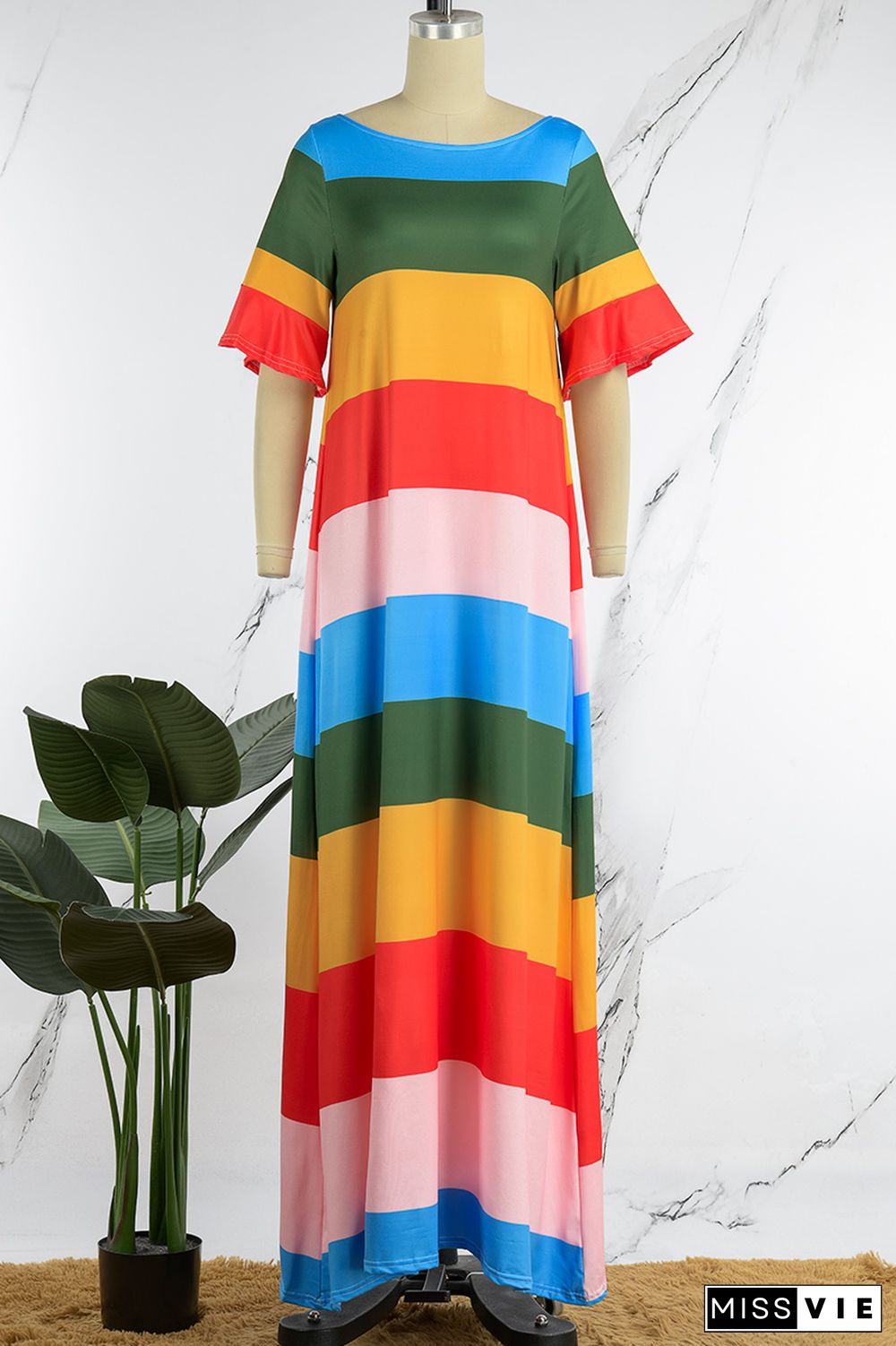 Green Casual Striped Patchwork O Neck A Line Dresses