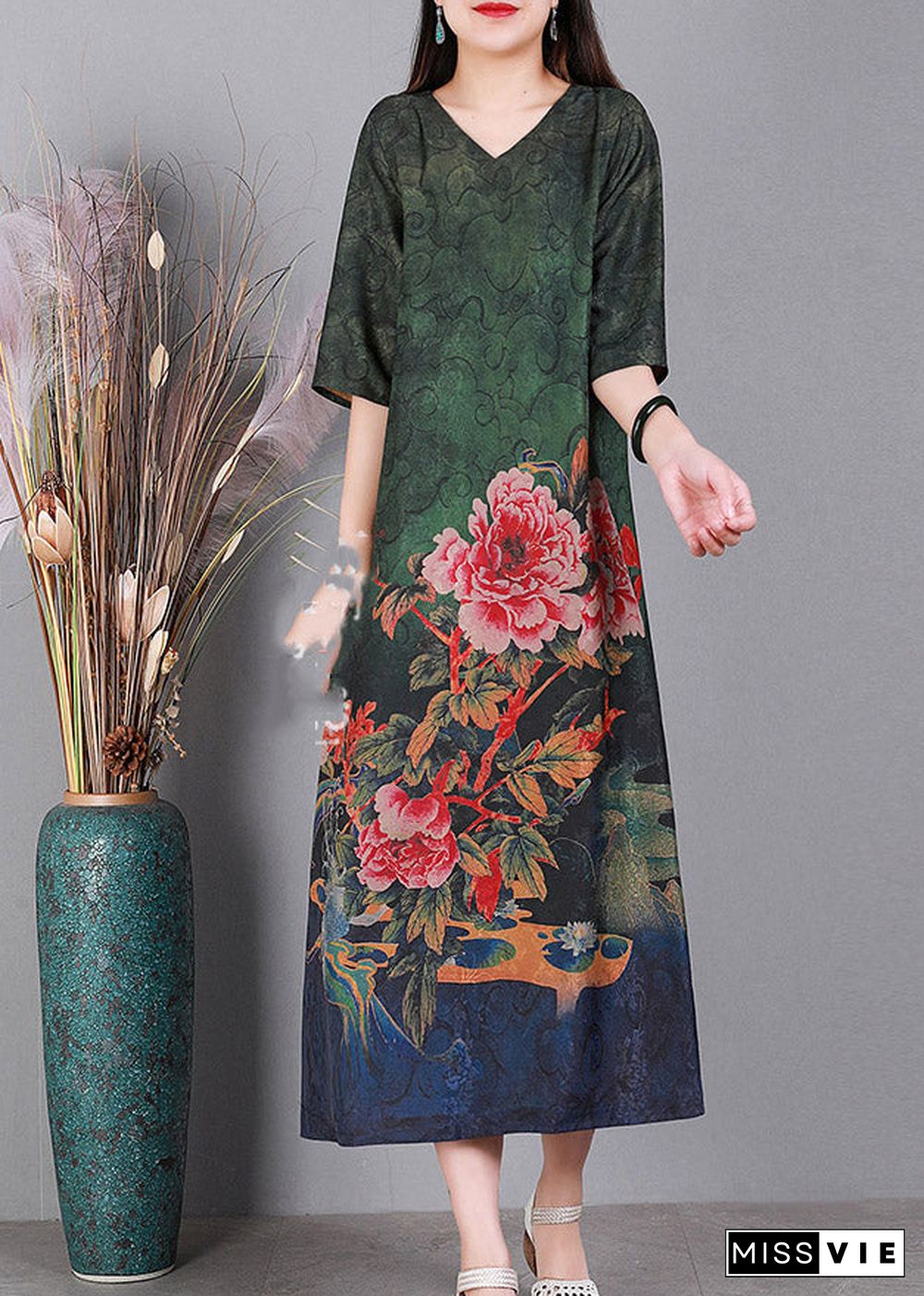 Loose Green V Neck Print Silk Dresses Half Sleeve