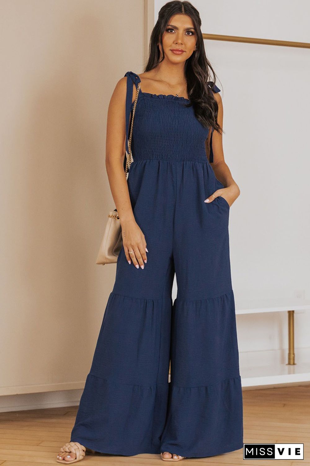 Blue Tie Straps Shirred Bodice Tiered Wide Leg Jumpsuit