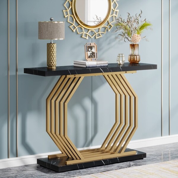 Gold Console Table， Faux Marble Entryway Table Narrow Sofa Table， 40 Inch Modern Accent Table Entrance Table for Living Room