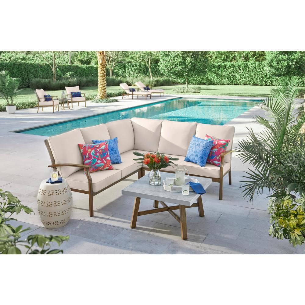 Hampton Bay Beachside Rope Look Wicker Outdoor Patio Sectional Sofa Seating Set with CushionGuard Almond Tan Cushions 2111-SE Almond