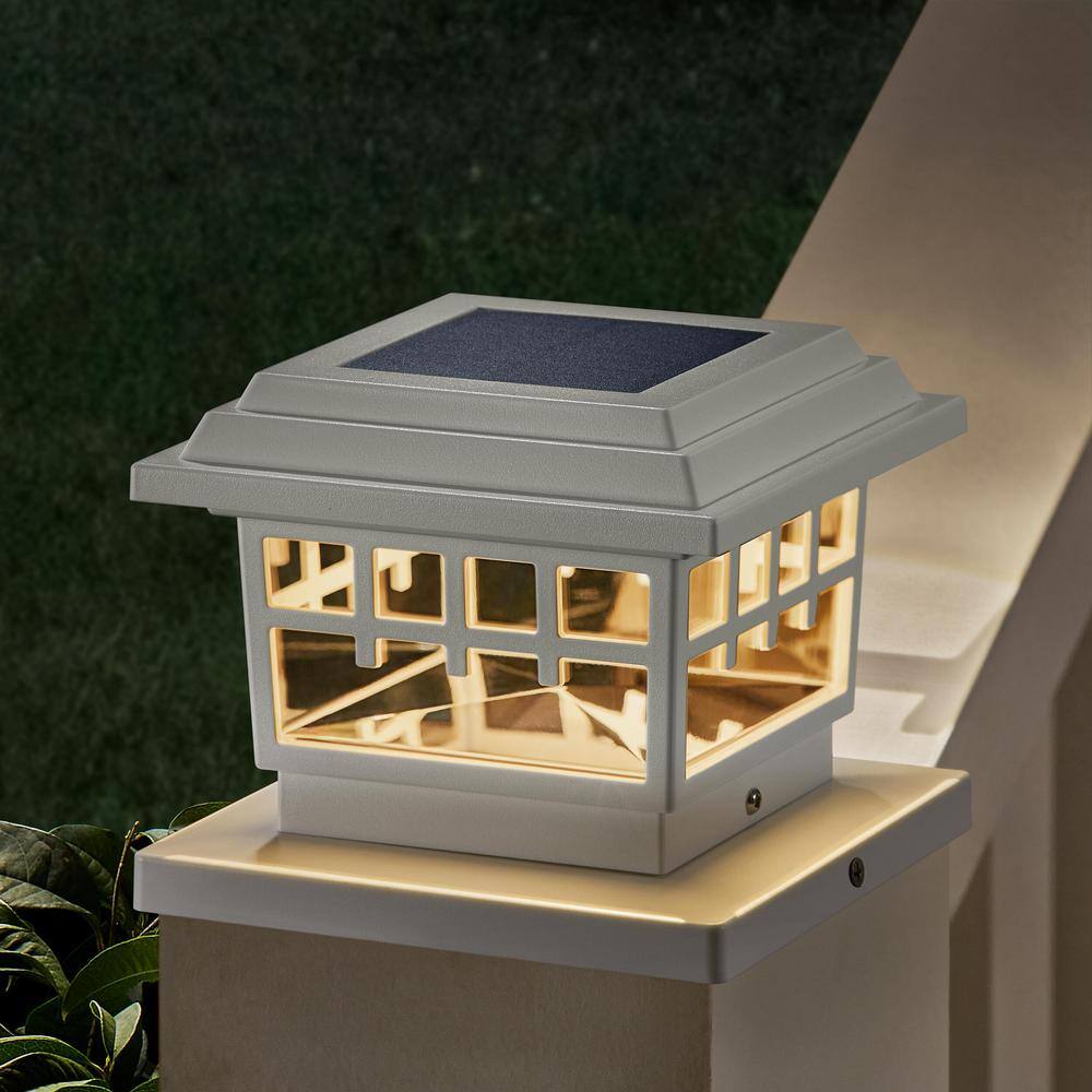 Hampton Bay 3.5 in. x 3.5 in. White Solar Post Cap with a 5.5 in. x 5.5 in. Adaptor (2-Pack) 2211-NPF22WH-2