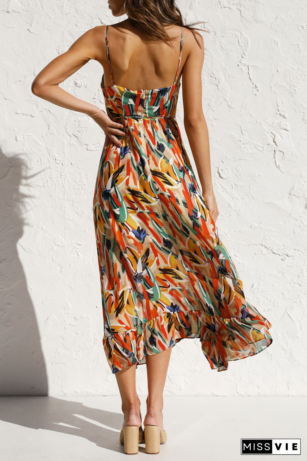 Fashion Print Split Joint Spaghetti Strap Cake Skirt Dresses