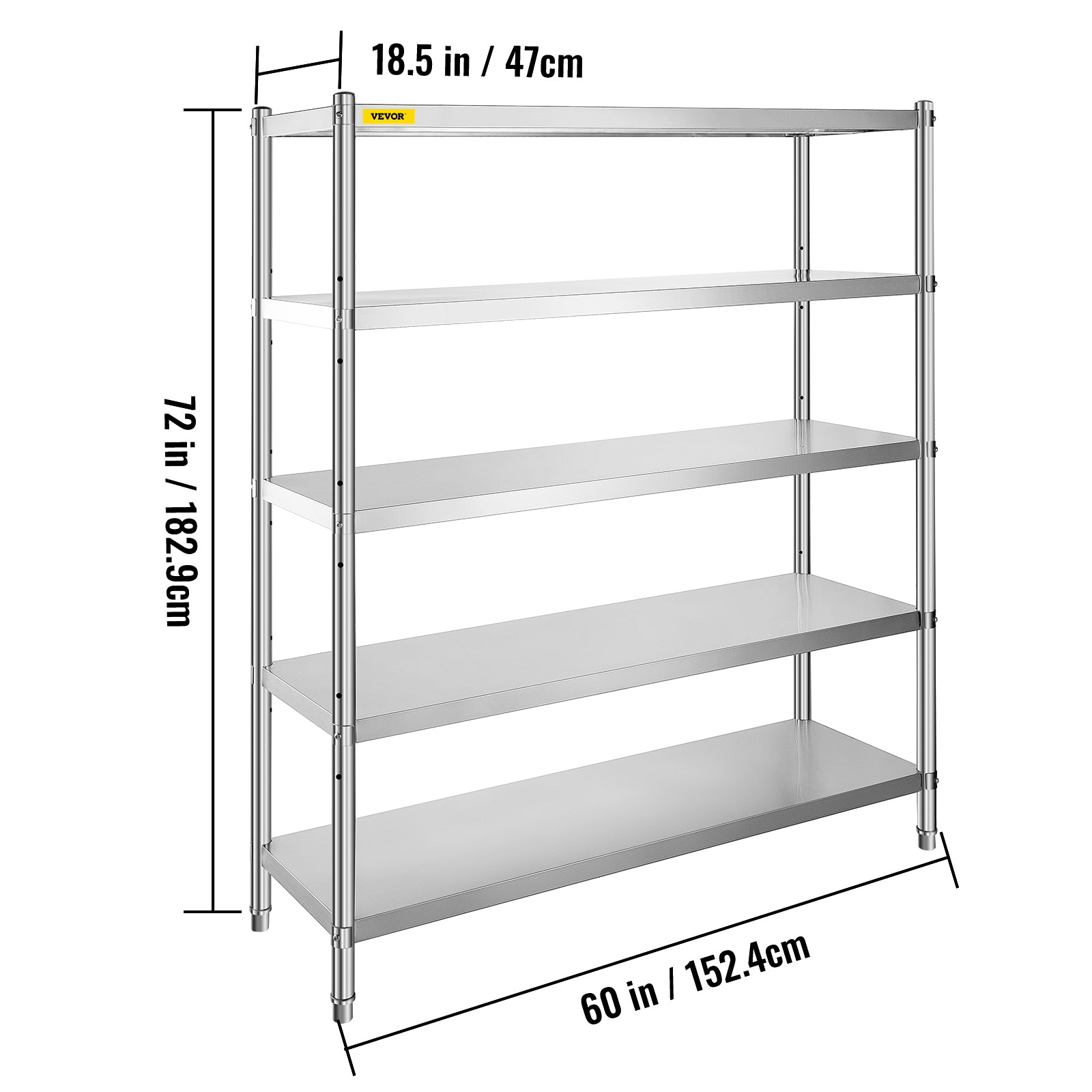 VEVOR Stainless Steel Shelving 60x18.5 inch 5 Tier Adjustable Shelf Storage Unit Stainless Steel Heavy Duty Shelving for Kitchen Commercial Office Garage Storage 330lb Per Shelf