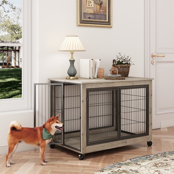 Dog Crate Side Table on Wheels with Double Doors and Flip Top