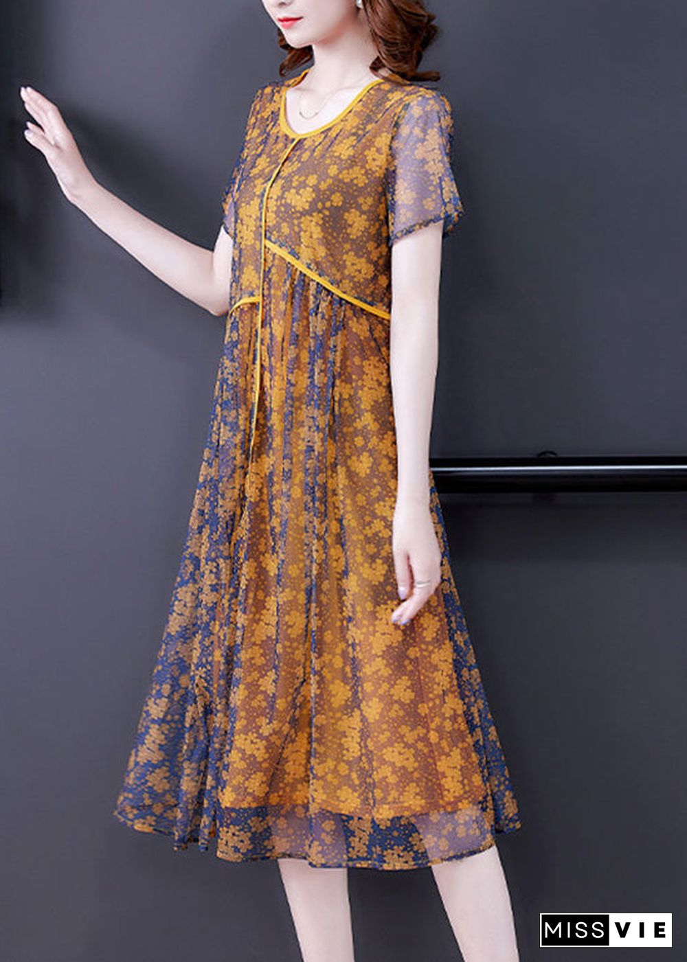 Loose Yellow O-Neck Patchwork Print Tulle Maxi Dresses Short Sleeve