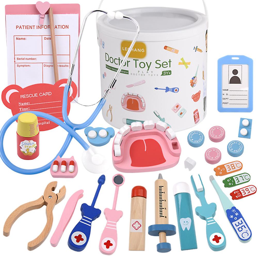 Kids Realistic Doctor Kit Pretend Play Wooden Toy Set With Stethoscope Thermometer Tooth Model Toothbrush Toothpaste Dental Probe Dental Mirror Storag