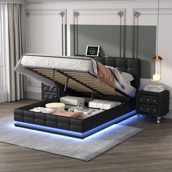 3-Pieces Black Bedroom Sets， Queen Size Upholstered Storage Bed with LED Lights and USB Charging Station， Two Nightstands - - 38053322