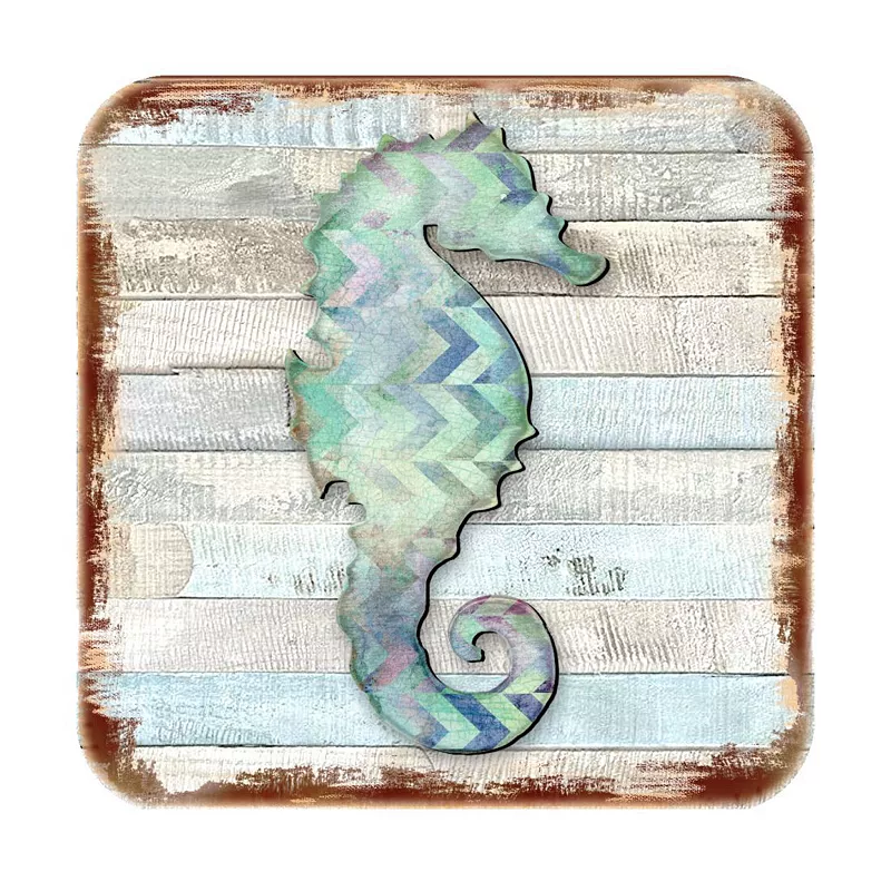 Seahorse Coastal Wooden Cork Coasters Gift Set of 4 by Nature Wonders