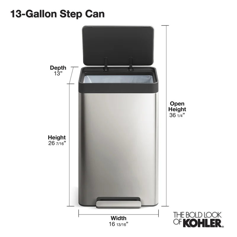 KOHLER 20940-ST 13 Gal. Stainless Steel Step Trash Can