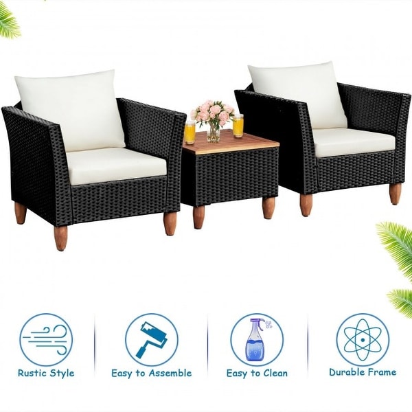 3 Pcs Outdoor Patio Rattan Furniture Set Wooden Table Top Cushioned Sofa