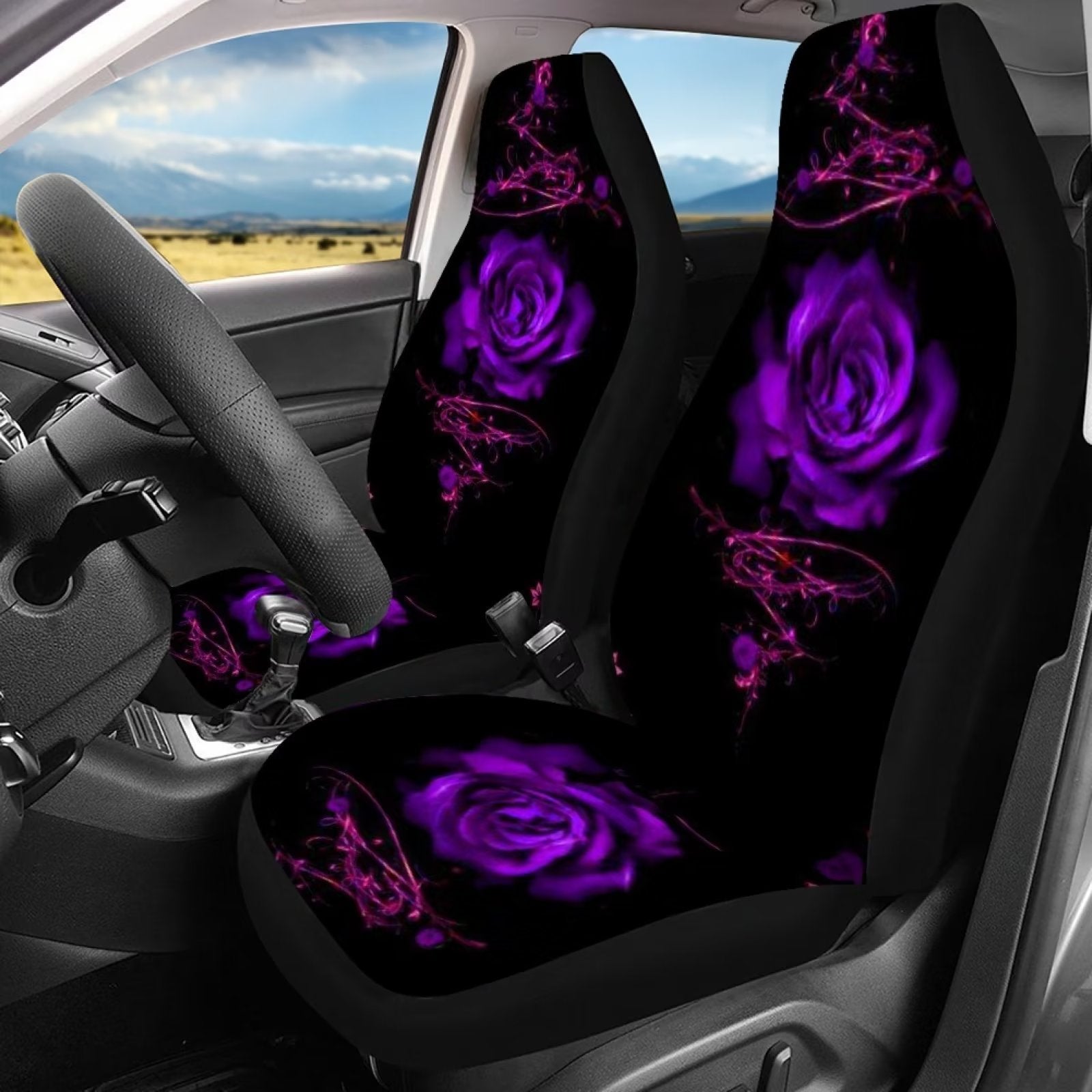 Diaonm Car Accessories for Women，Purple Rose Print Car Seat Covers，Universal Front and Rear Bench Back Seat Cover for Cars Suvs Trucks Decorative Auto Seat Protector，Black