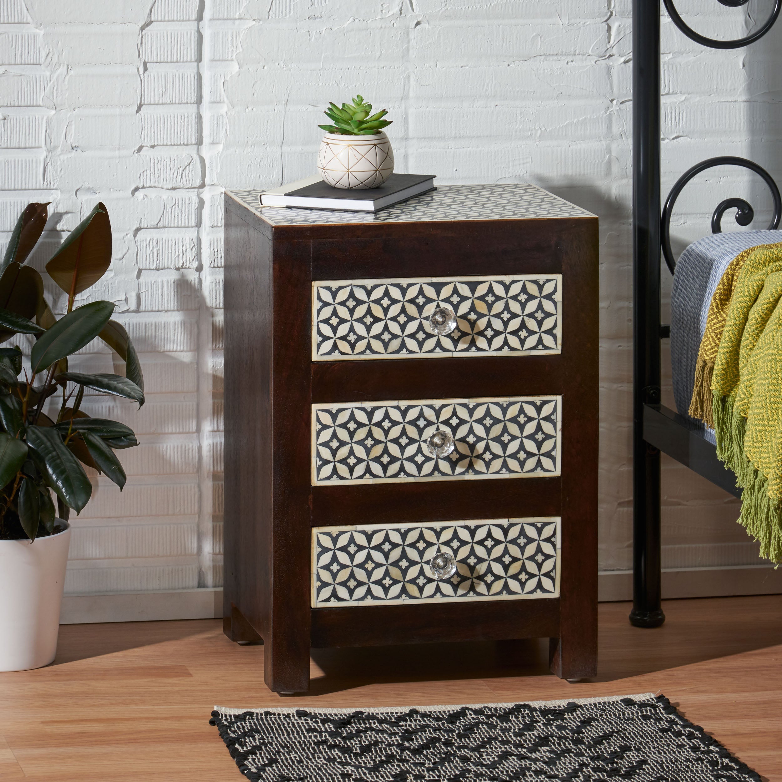 Kuna Handcrafted Boho 3 Drawer Mango Wood Nightstand