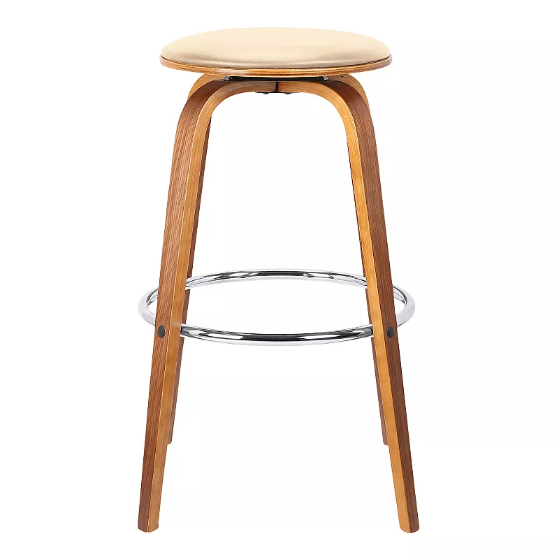 Round Leatherette Wooden Counter Stool with Flared Legs， Brown and Cream