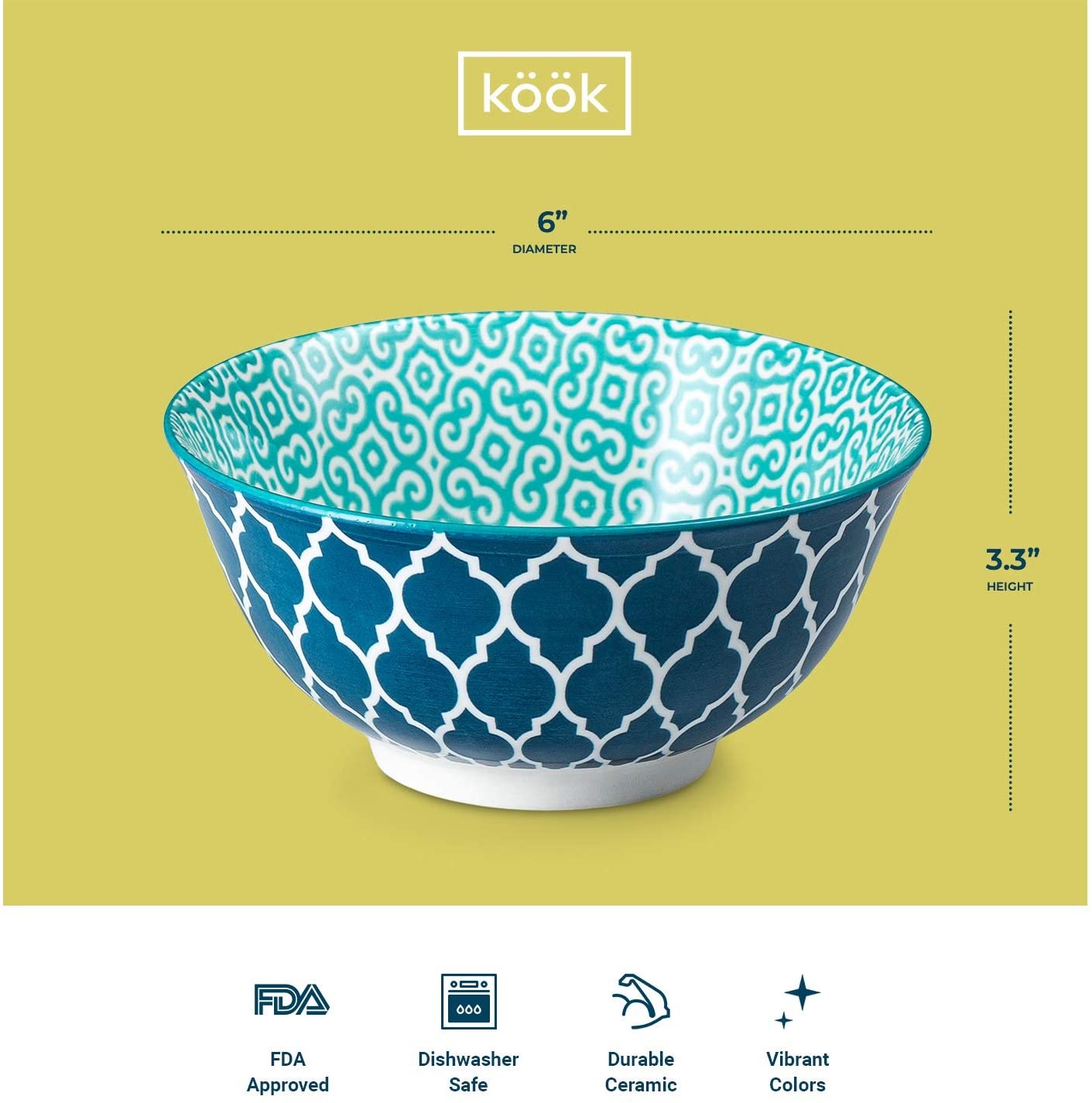 Kook Cereal Bowls Ceramic Designs，18 Oz， Set of 6， Multi Color