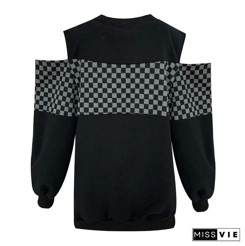 Lattice Print Cold Shoulder Loose Sweatshirt