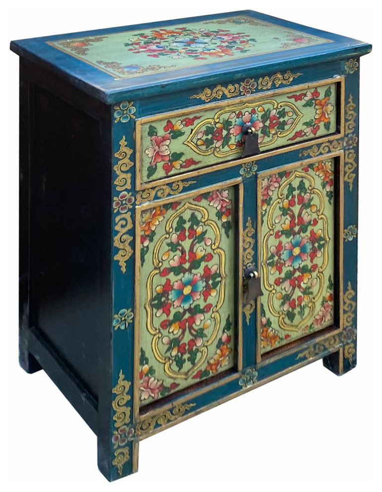 Teal Blue Light Green Tibetan Style Floral End Table Nightstand Hcs7077   Asian   Side Tables And End Tables   by Golden Lotus Antiques  Houzz