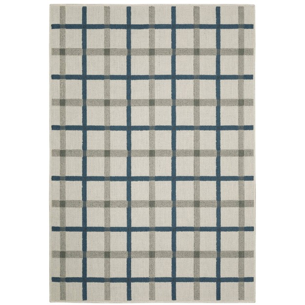 Trinity Textured Plaid Patio Area Rug Beige blue Captiv8e Designs