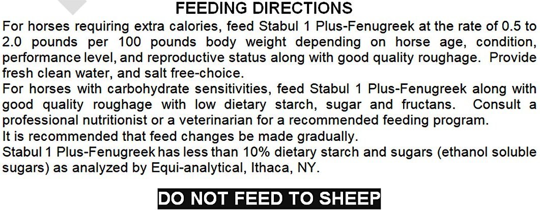 Stabul 1 Plus Fenugreek Low Sugar， Low Starch Horse Feed