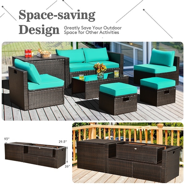 8PCS Patio Rattan Furniture Set SpaceSaving Storage W/ Cushion