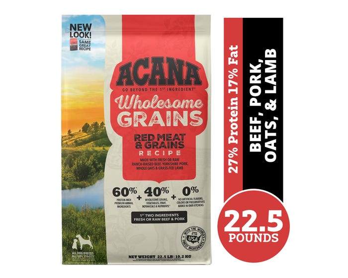 Acana Wholesome Grains Red Meat  Grains Recipe Adult Dry Dog Food， 22.5 lb. Bag