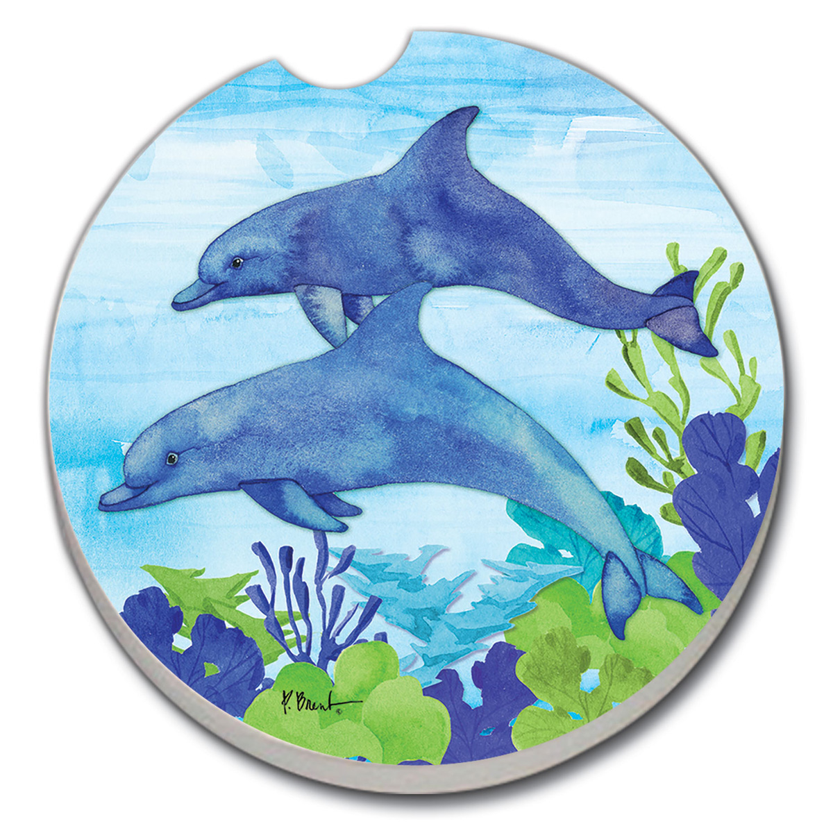 Absorbent Stoneware Car Coaster， Dolphin Duo， Set of 2