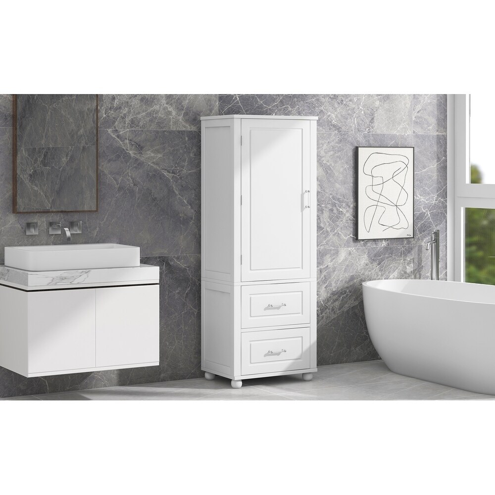 Tall Bathroom Cabinet with Acrylic Bar Handles  Freestanding Storage Organizer with Pull out Drawers and Adjustable Shelf