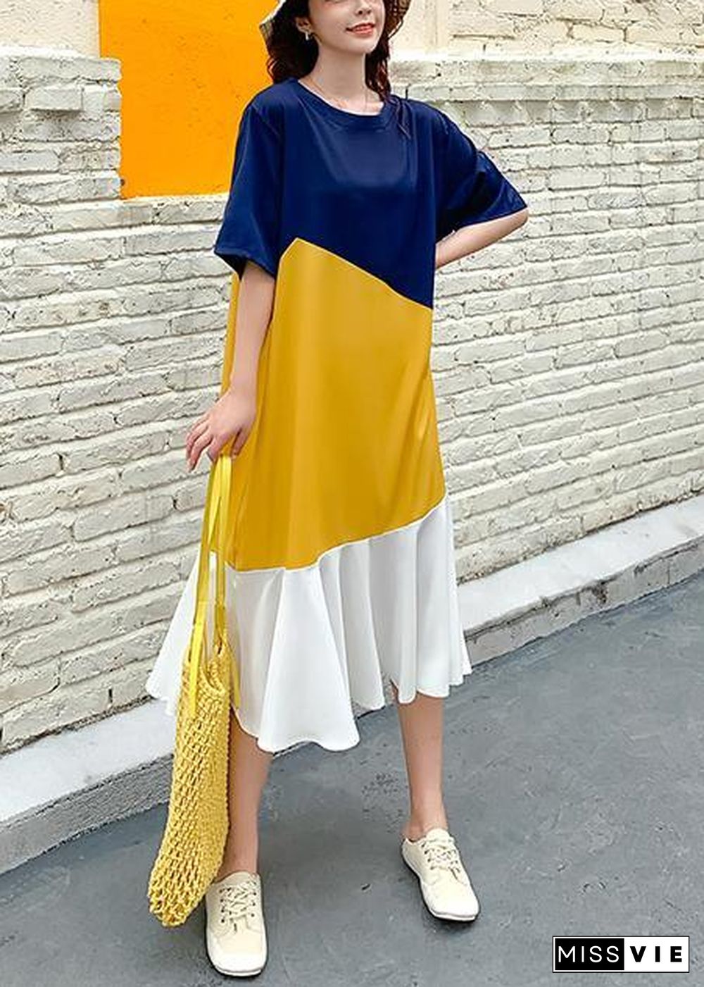 DIY yellow patchwork cotton clothes Women o neck Ruffles Plus Size Dresses