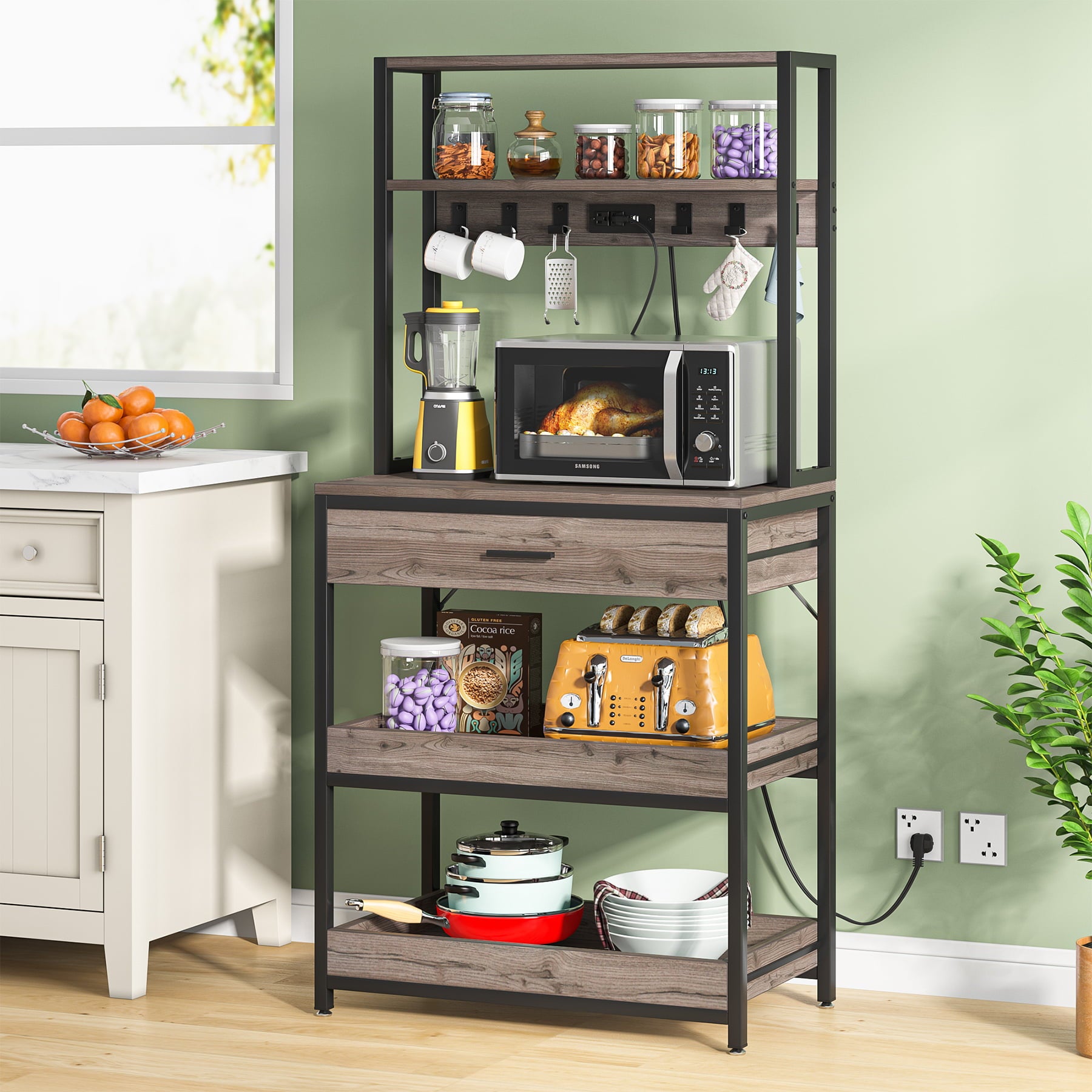 Tribesigns Kitchen Bakers Rack with Power Outlets， 5-Tier Microwave Oven Stand with Drawer and Sliding Shelves， Freestanding Coffee Bar， Kitchen Storage Shelf Organizer with 6 Hooks， Retro Gray