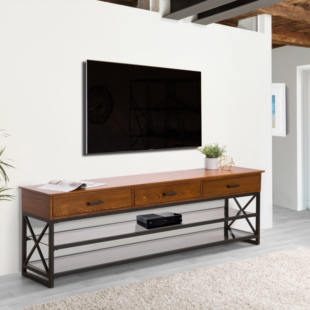 CorLiving  Oak Wood Veneer TV Bench With Glass Shelves  90 quotTV  Cherry Brown   Industrial   Entertainment Centers And Tv Stands   by CorLiving Distribution LLC  Houzz