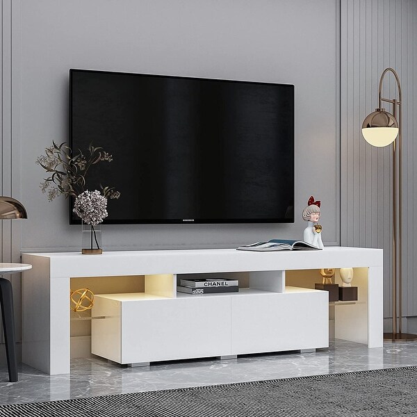 White LED TV Stand， Modern Entertainment Center for 65 Inch TV with 2 Drawer Storage and 2 Open Shelves - as picture