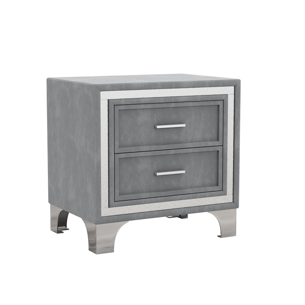 Wood Upholstered Nightstand with 2 Drawers and Metal Legs  Modern Velvet Bedside End Table for Bedroom  Easy Assembly