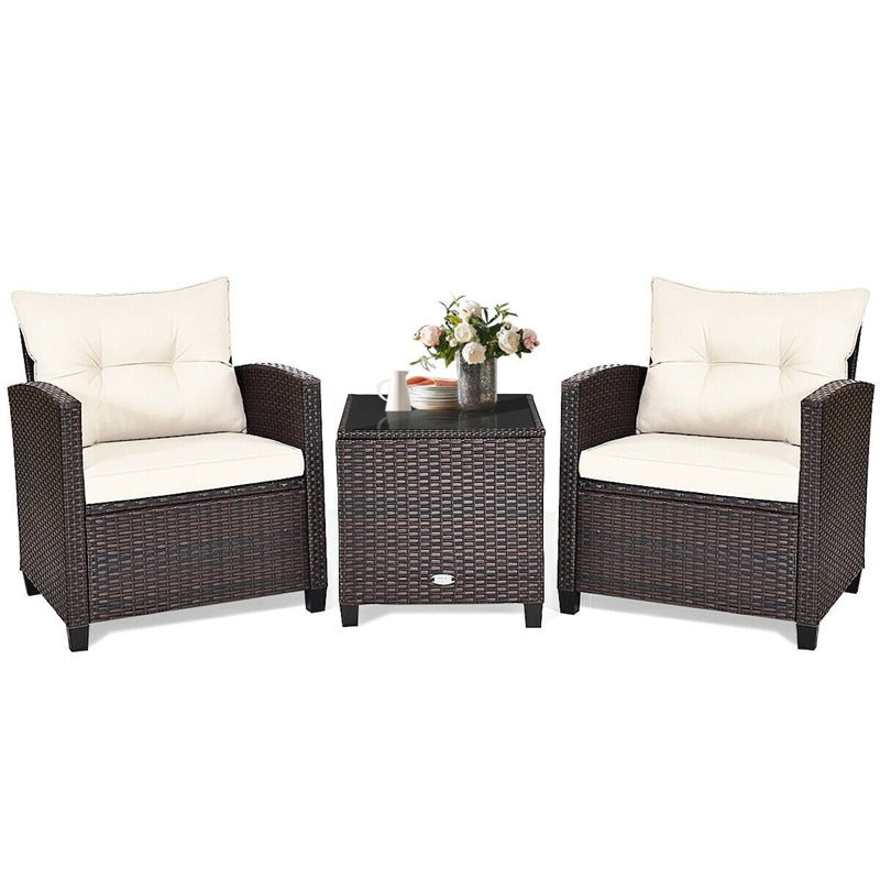 3 Pieces Patio Rattan Furniture Set Outdoor Wicker Conversation Set with Washable Cushion and Coffee Table