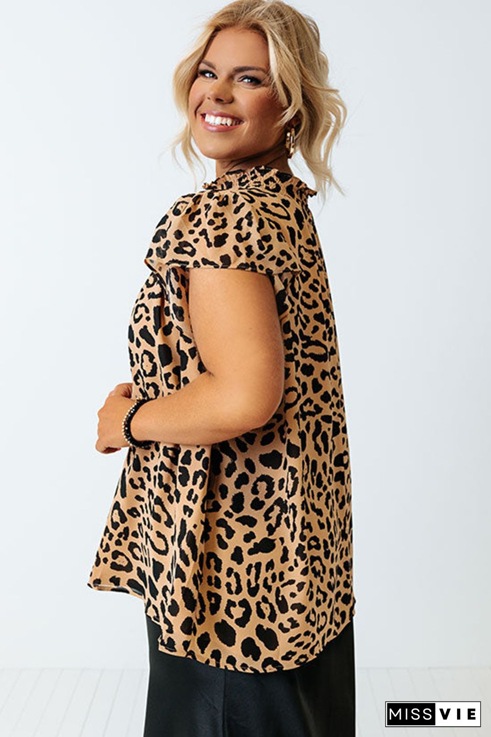 Plus Size Leopard Ruffle Short Sleeve High Neck Blouse