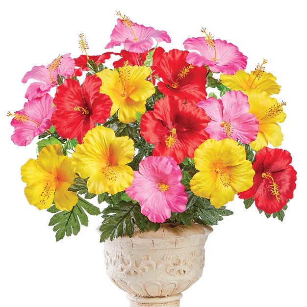 Collections Etc Bright Tropical Faux Hibiscus Bushes - Set Of 3， Outdoor Or Indoor Decorative Accent