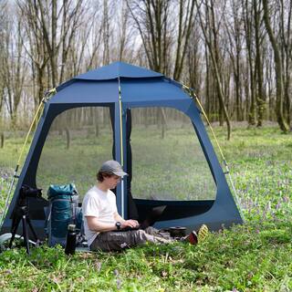 Outsunny Dark Blue 6 Person Steel Pop Up Hexagon Camping Tent with Rain Cover 4 Windows 2 Doors Carry Bag A20-278V01DB