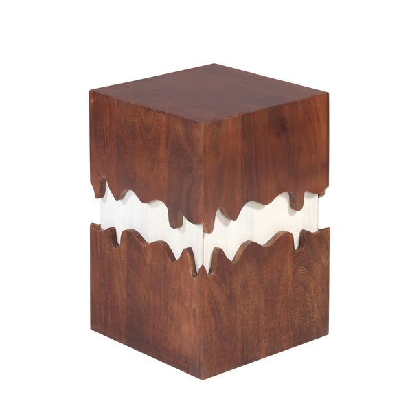 21 Inch Modern 2 T1 Acacia Wood Side End Table， Block Pedestal， Abstract Design， Walnut， White， Den， Bedroom， or Living Room