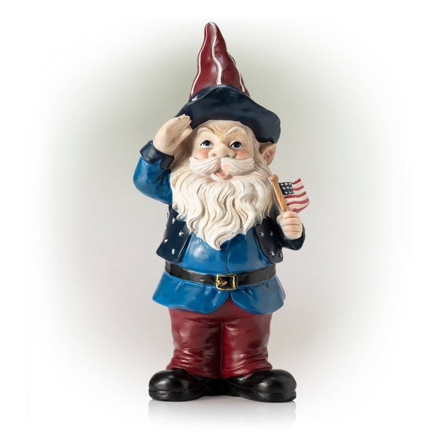 Polyresin stone Americana Saluting Gnome With Flag Red white blue Alpine Corporation