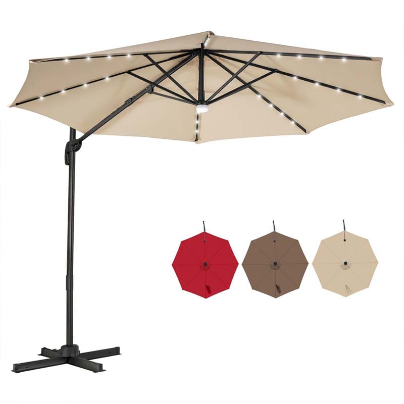 10 FT Cantilever Offset Patio Umbrella 28 Solar LED Lighted Market Umbrella with 3-Tilt Position, Crossed Base