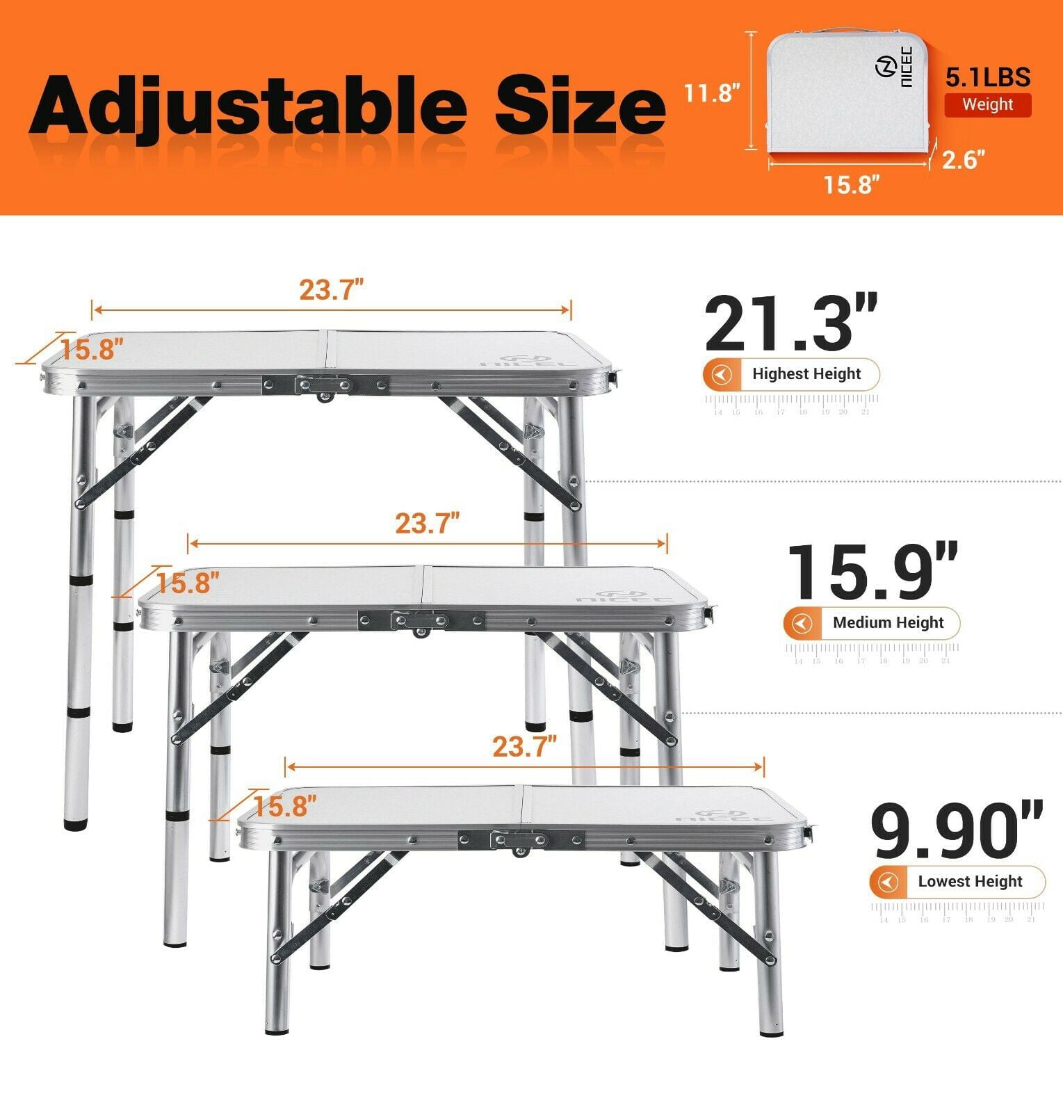 Nice C Folding Table Adjustable Height， Portable Camping Table Lightweight Aluminum， with Carry Handle for Outdoor， Beach， BBQ， Picnic， Cooking， Festival， Indoor， Office (Small)