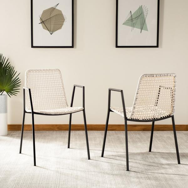 Baker Leather Woven Dining Chair set of 2 White / Black   Tropical   Dining Chairs   by Peachtree Fine Furniture  Houzz