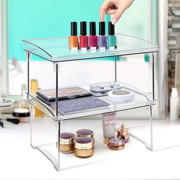 2 Tier Sorbus Foldable Storage Shelf Organizer Stand Racks For Undersink Kitchen Cabinets Pantry Countertops Clear Plastic metal