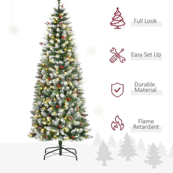 HOMCOM Prelit SnowDipped Christmas Tree with Lights，Pine Cones，and Mistletoe