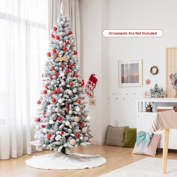 7.5FT Slim Snow Flocked Christmas Tree Hinged Pencil Tree with Stand