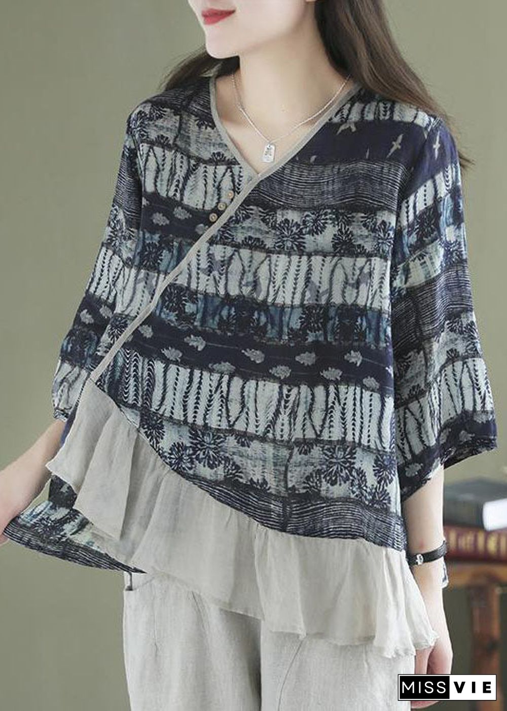 Loose Navy Asymmetrical Print Shirt Tops Half Sleeve