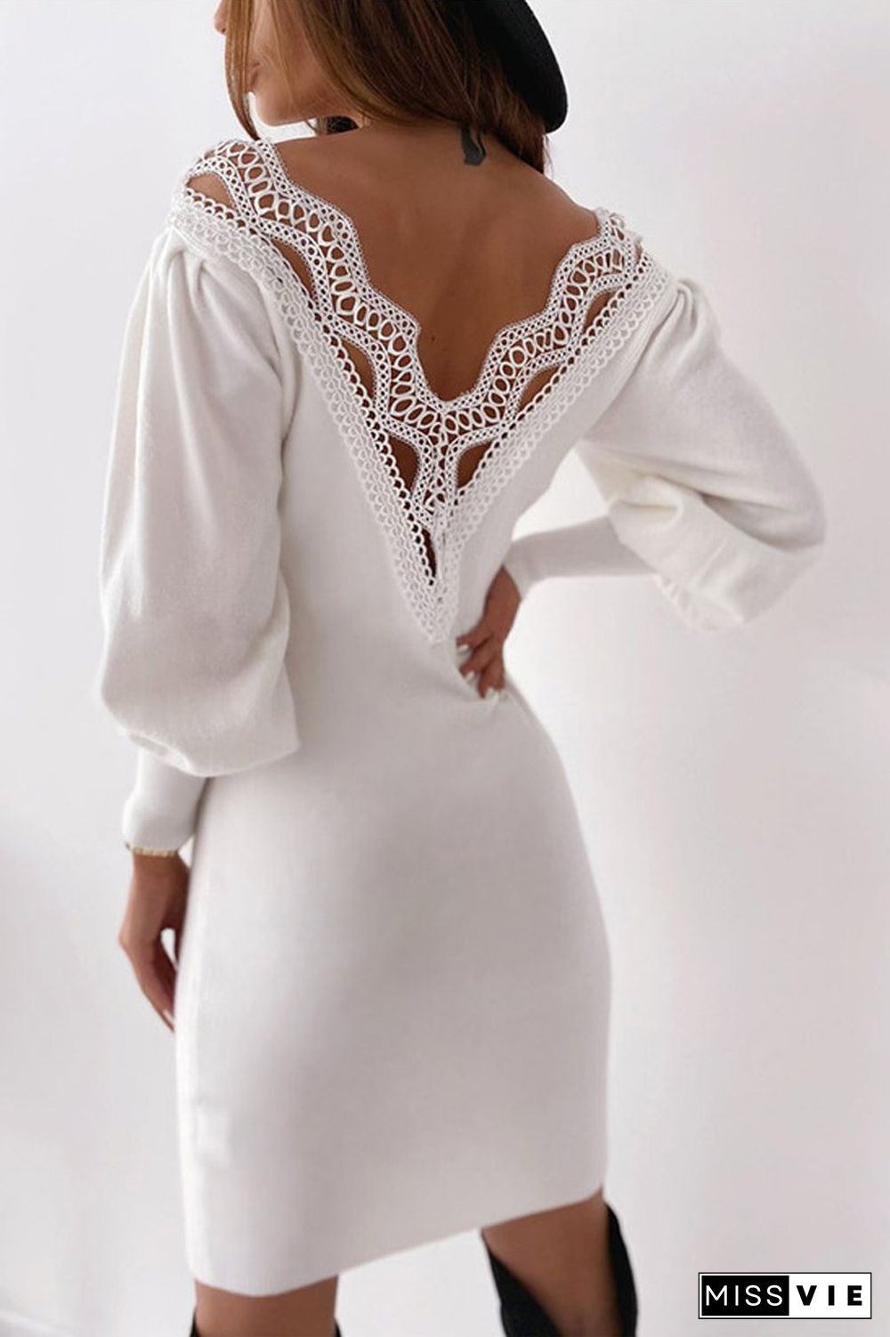 Lace Patchwork Back V-Neck Dress