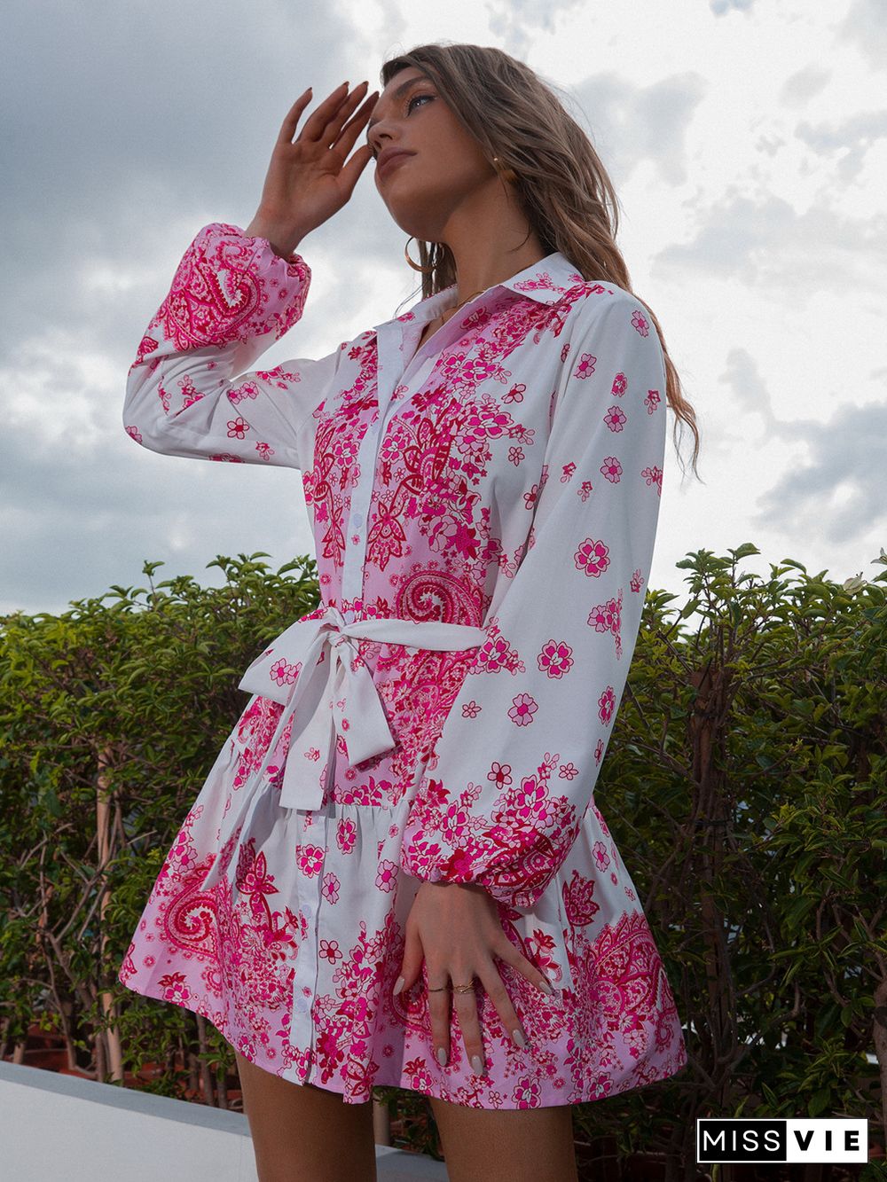 Flower Print Puff Sleeve Tie Knot Dress