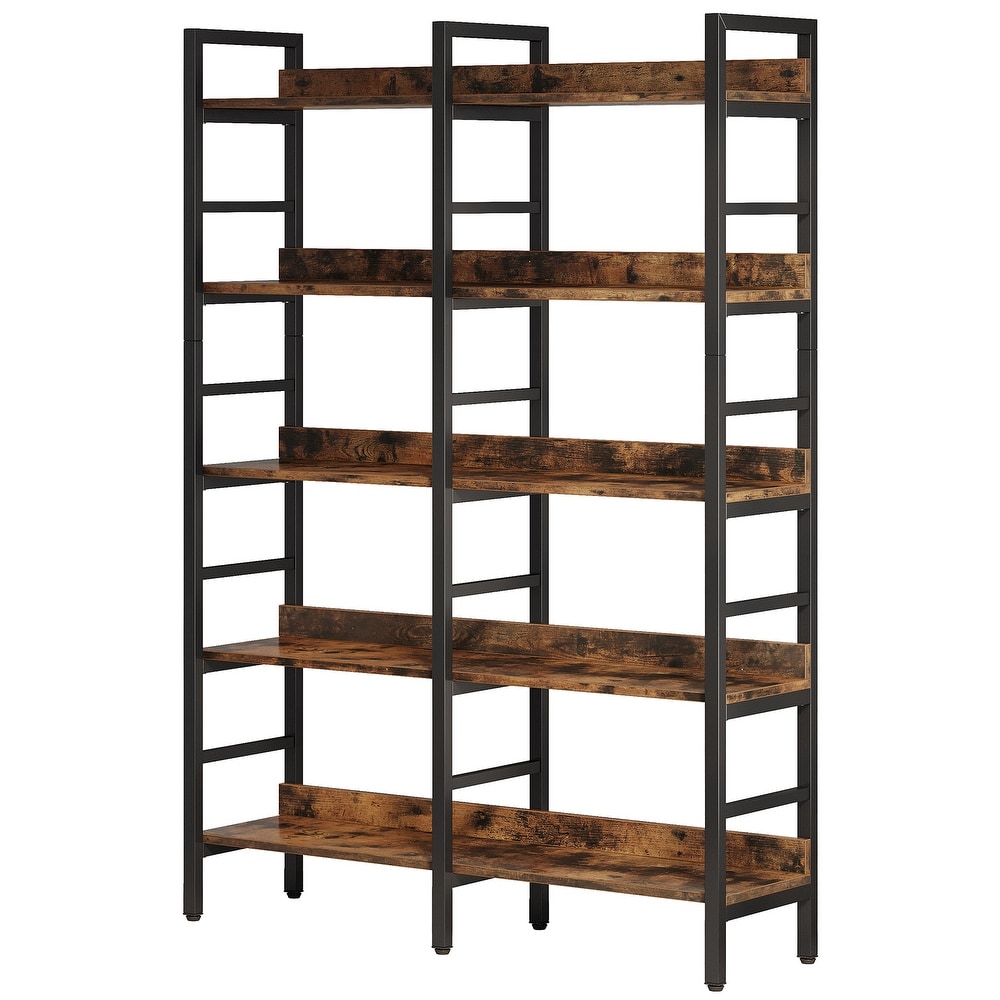 Double Wide Bookshelf  5 Tier Industrial Etagere Bookcase Free Standing Tall Book Shelf  Rustic Brown