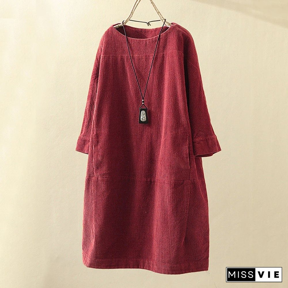 Pleated Long Sleeve Casual Solid Casualdress Linen